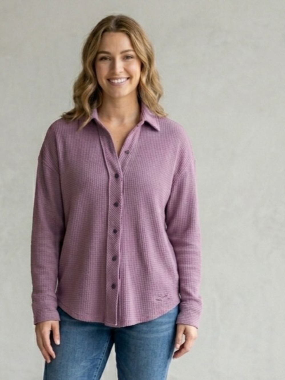 Lazypants Button-Front Waffle Knit Shirt in Dusty Lavender Size Med